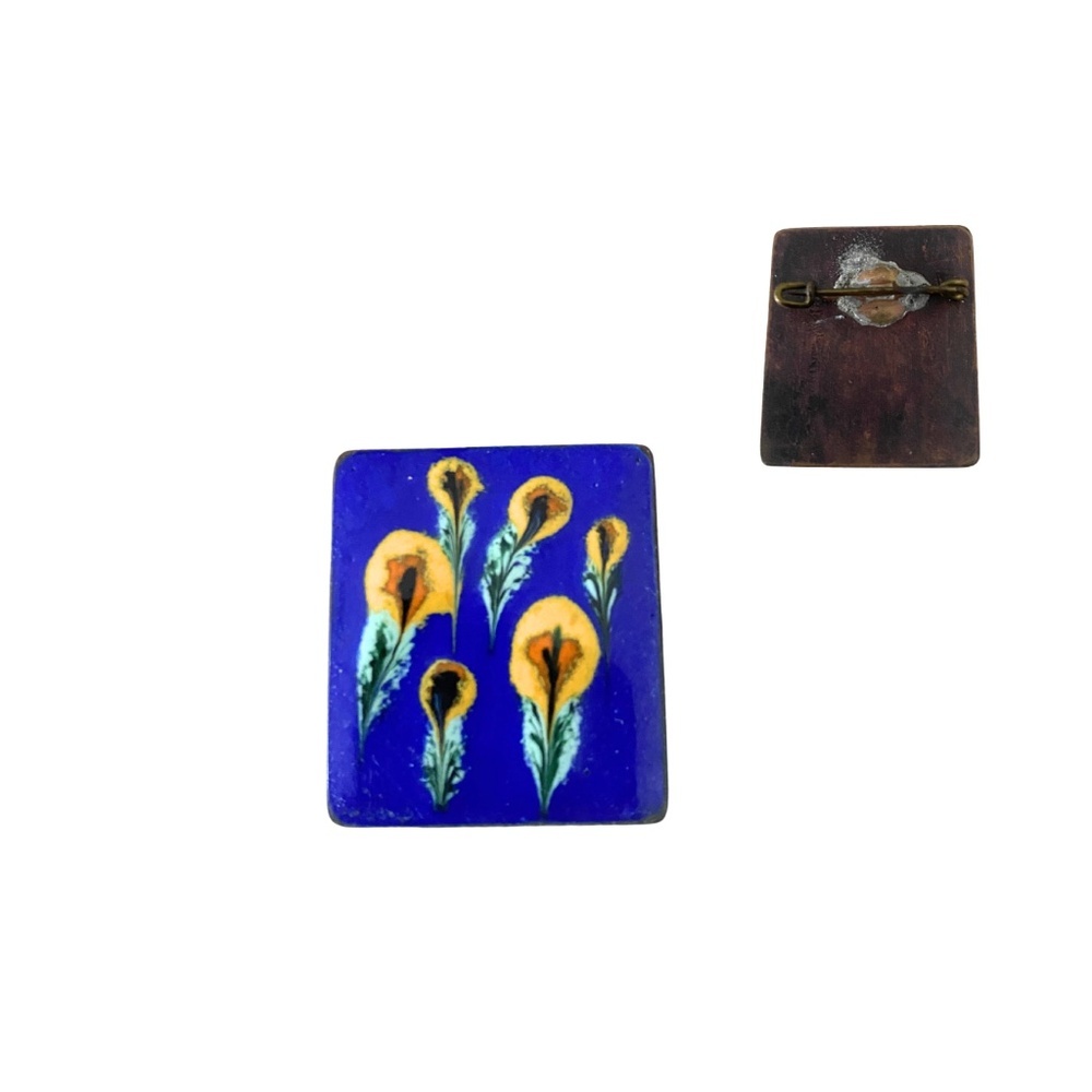 Vintage Danish Enamel Copper Brooch 1940s Handmade Mid Century Modern Artisan